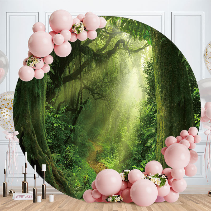 Aperturee - Green Nature Forest Round Happy Birthday Party Backdrop