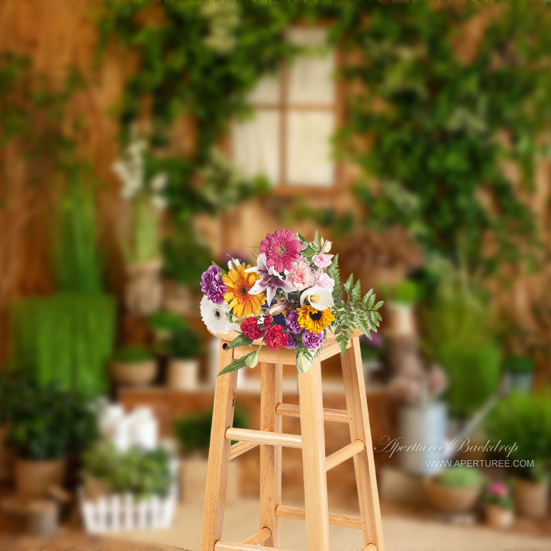 Aperturee - Greenery Pots Cabin Summer Photography Backdrop Ideas