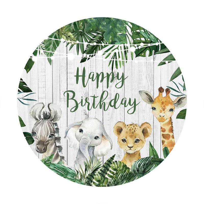 Aperturee - Jungle Little Animals Round Happy Birthday Backdrop