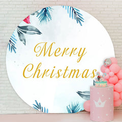 Aperturee - Light Blue Leaves Round Merry Christmas Backdrop