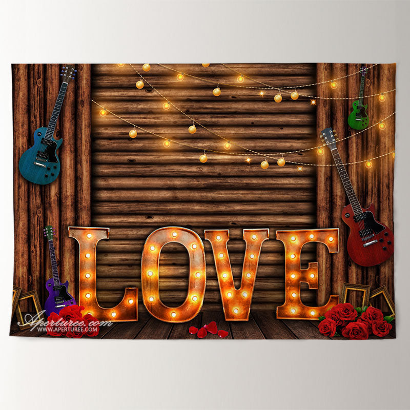 Aperturee - Light Love Guitar Wooden Valentines Photo Backdrop