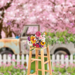 Aperturee - Light Pink Floral White Truck Fence Spring Backdrop