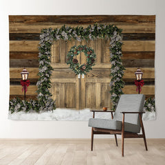 Aperturee - Pine Wreath Wooden Board Wall Christmas Backdrop