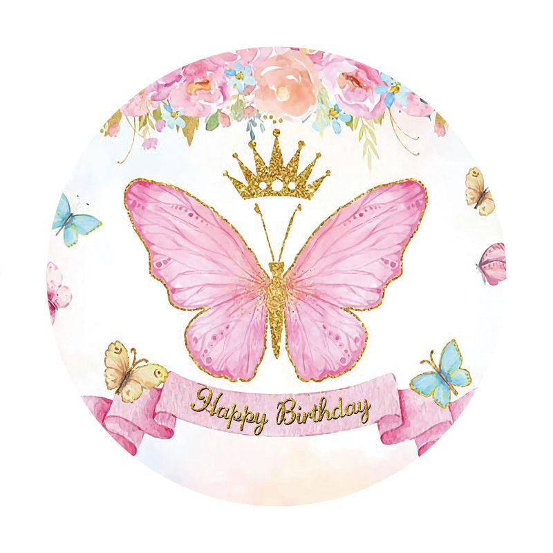 Aperturee - Pink Butterfly Crown Birthday Circle Backdrop