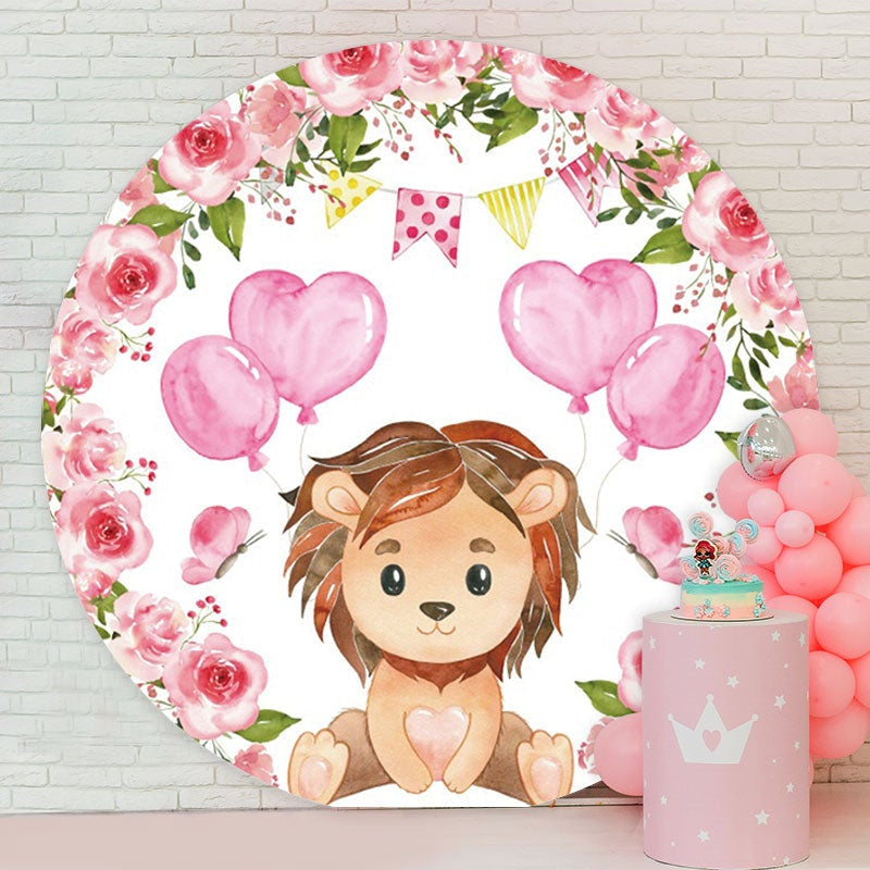 Aperturee - Pink Floral Ballons Round Lion Birthday Backdrop