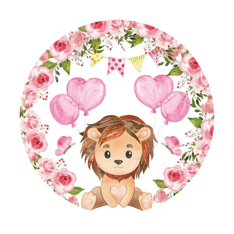 Aperturee - Pink Floral Ballons Round Lion Birthday Backdrop