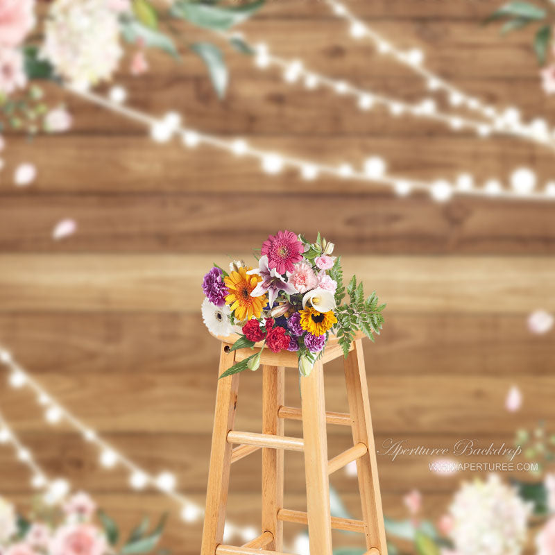 Aperturee - Pink Floral Brown Wooden Backdrop For Photography