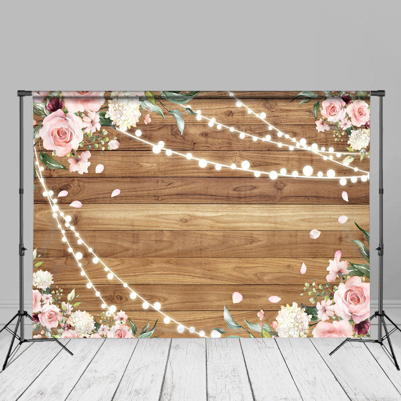 Aperturee - Pink Floral Brown Wooden Backdrop For Photography