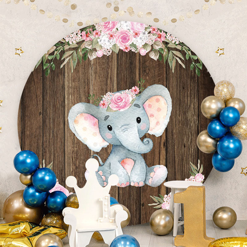 Aperturee - Pink Floral Elephants Round Baby Shower Backdrop