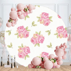 Aperturee - Pink Floral Round Green Leaves Birthday Bacdkrop