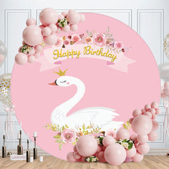 Aperturee - Pink Floral White Swan Round Birthday Backdrop