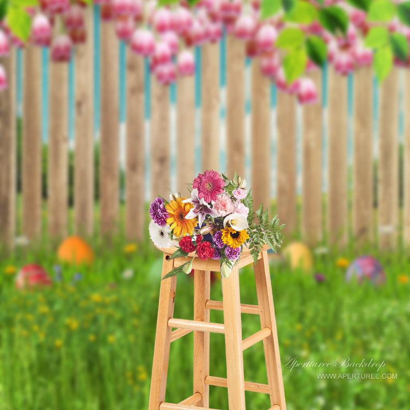 Aperturee - Pink Flowers Fence Grass Spring Photography Backdrop