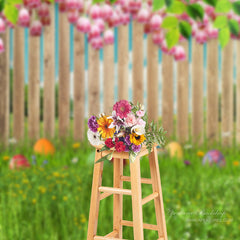 Aperturee - Pink Flowers Fence Grass Spring Photography Backdrop