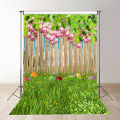 Aperturee - Pink Flowers Fence Grass Spring Photography Backdrop