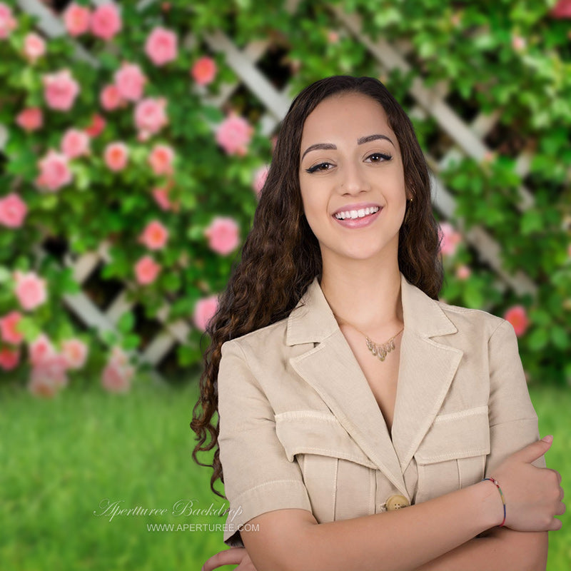 Aperturee - Pink Flowers Fence Green Grass Spring Photography Backdrop