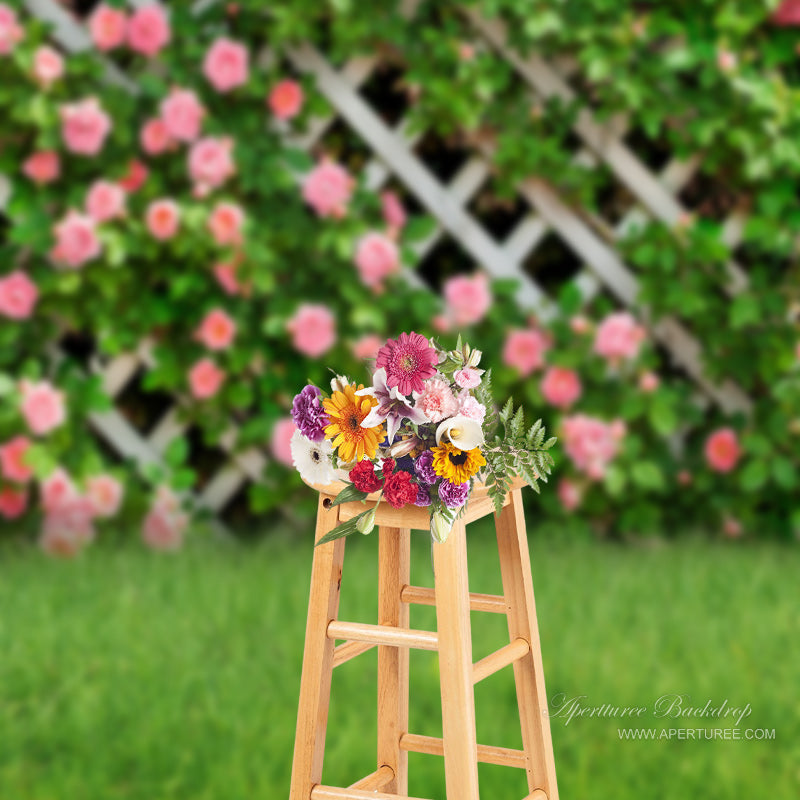 Aperturee - Pink Flowers Fence Green Grass Spring Photography Backdrop