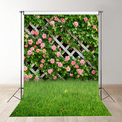 Aperturee - Pink Flowers Fence Green Grass Spring Photography Backdrop