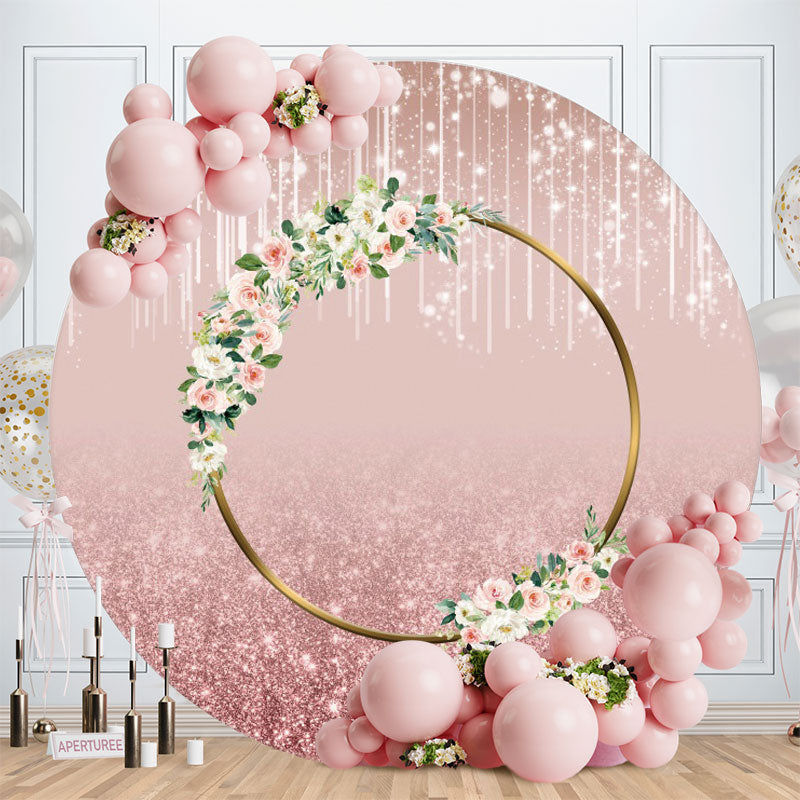 Aperturee - Pink Glitter Round Girls Floral Birthday Backdrop