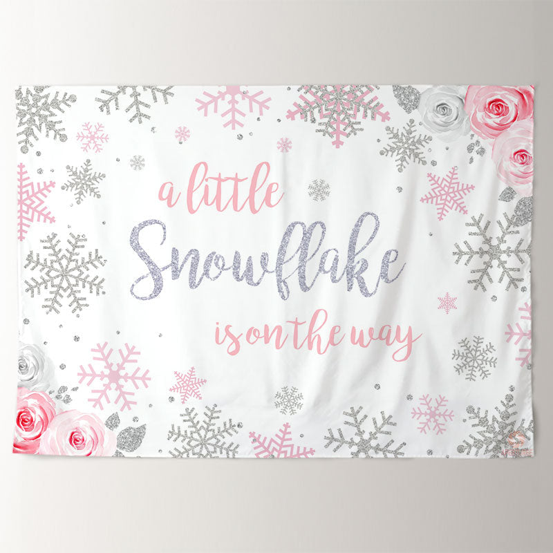 Aperturee - Pink Snowflake Floral Baby Shower Winter Backdrop