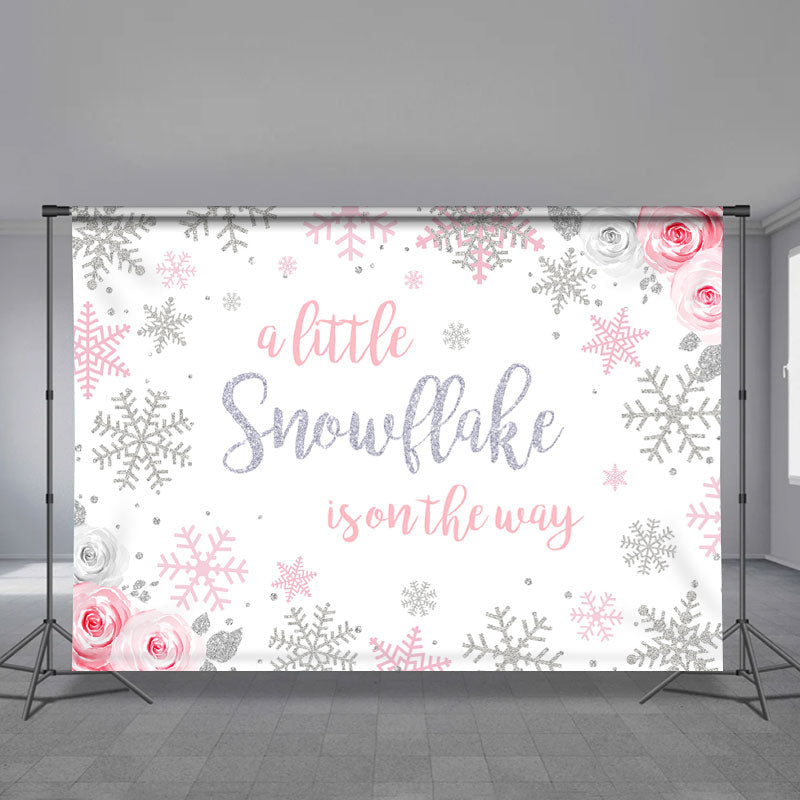 Aperturee - Pink Snowflake Floral Baby Shower Winter Backdrop