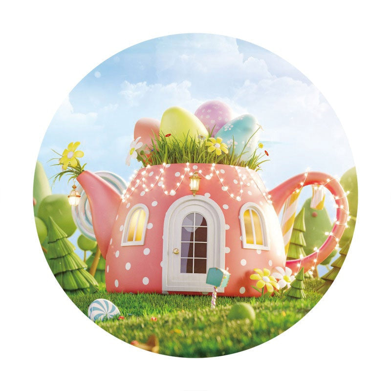 Aperturee - Pink Teapot House Happy Birthday Round Backdrop