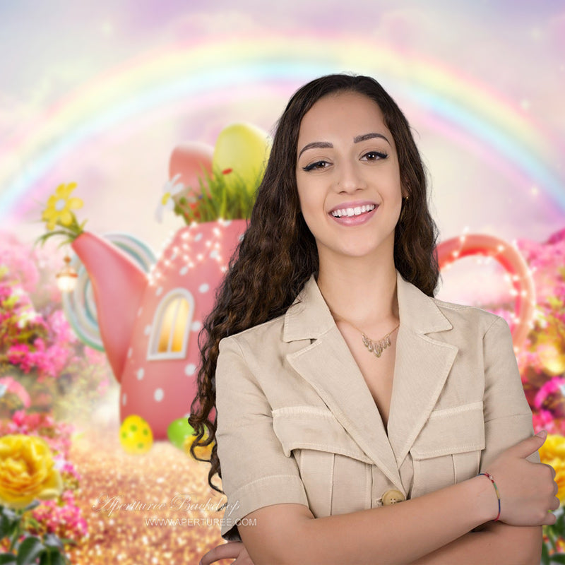 Aperturee - Pink Teapot House Rainbow Floral Spring Backdrop