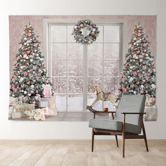 Aperturee - Pink Theme Tree Window Snowy Christmas Backdrop