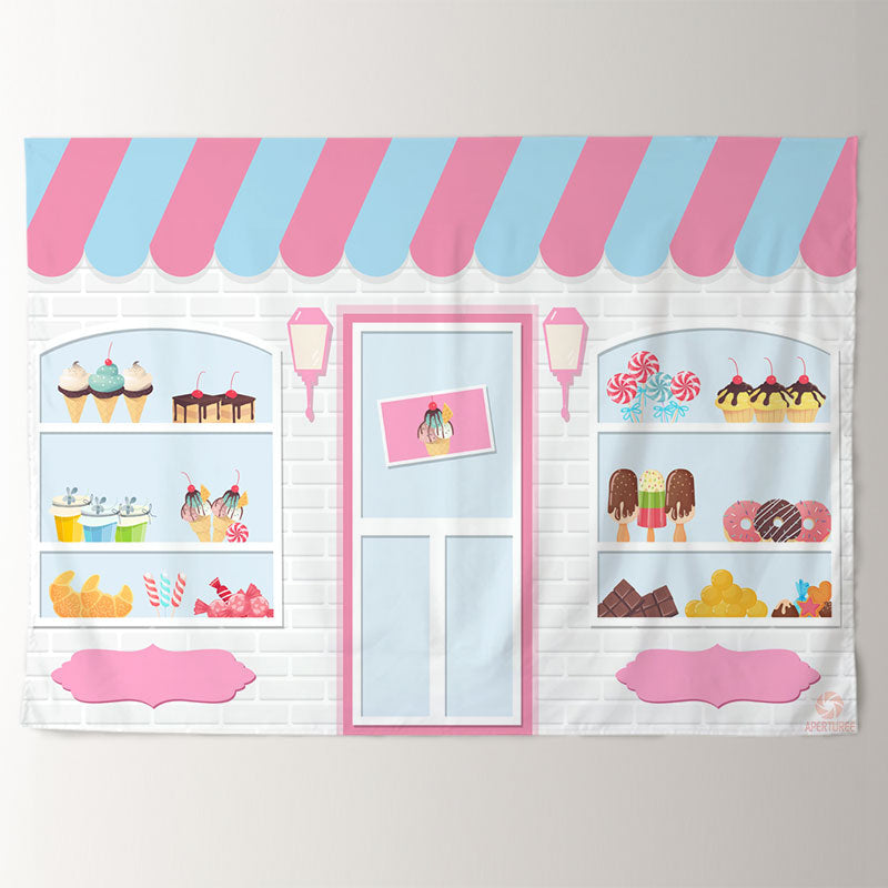 Aperturee - Pink White Store Candy Dessert Christmas Backdrop