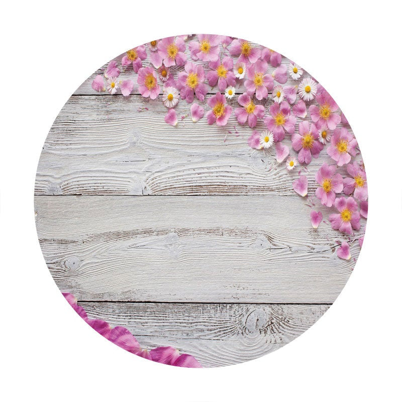 Aperturee - Purple Floral Round White Wood Birthday Backdrop