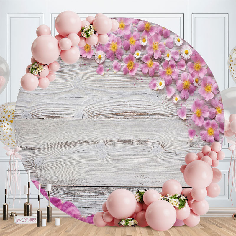 Aperturee - Purple Floral Round White Wood Birthday Backdrop