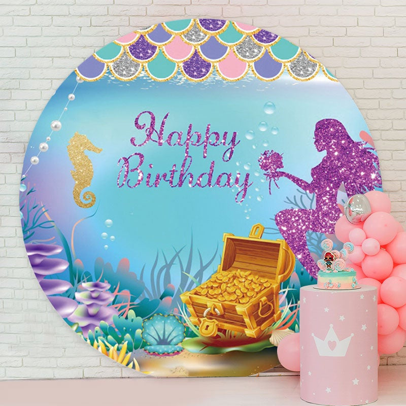 Aperturee - Purple Glitter Mermaid Round Birthday Backdrop