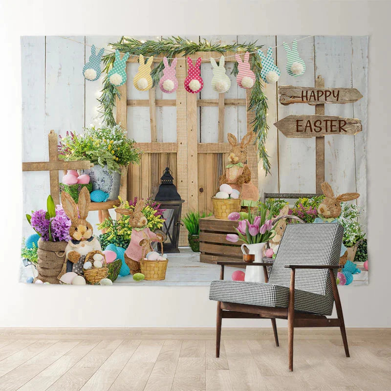 Aperturee - Rabbit Garden Wood Gate Happy Easter Backdrop