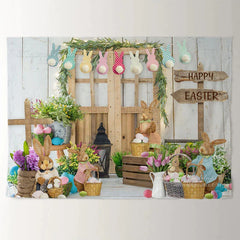 Aperturee - Rabbit Garden Wood Gate Happy Easter Backdrop