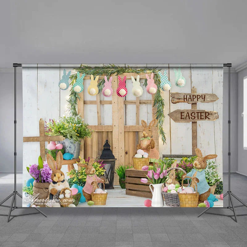 Aperturee - Rabbit Garden Wood Gate Happy Easter Backdrop