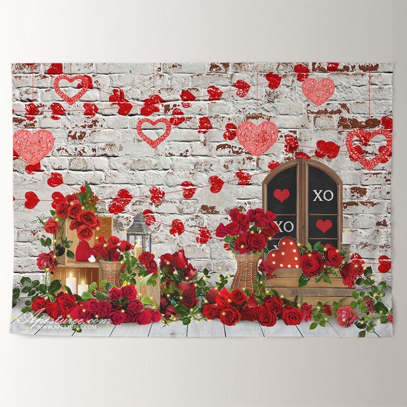 Aperturee - Rose Heart White Wall Happy Valentine Backdrop