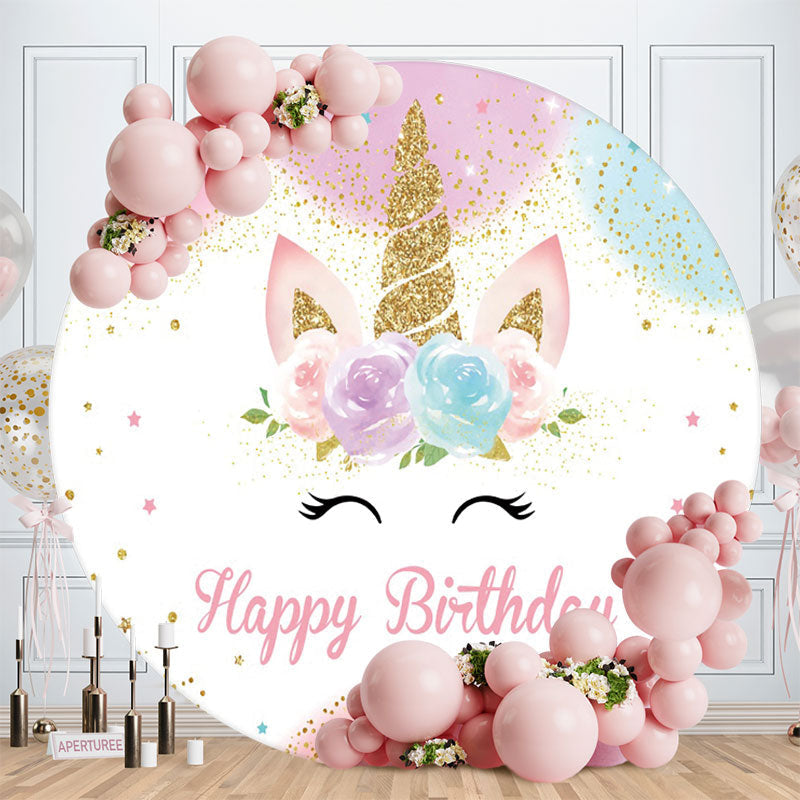 Aperturee - Round Glitter Unicorn Flower Happy Birthday Backdrop