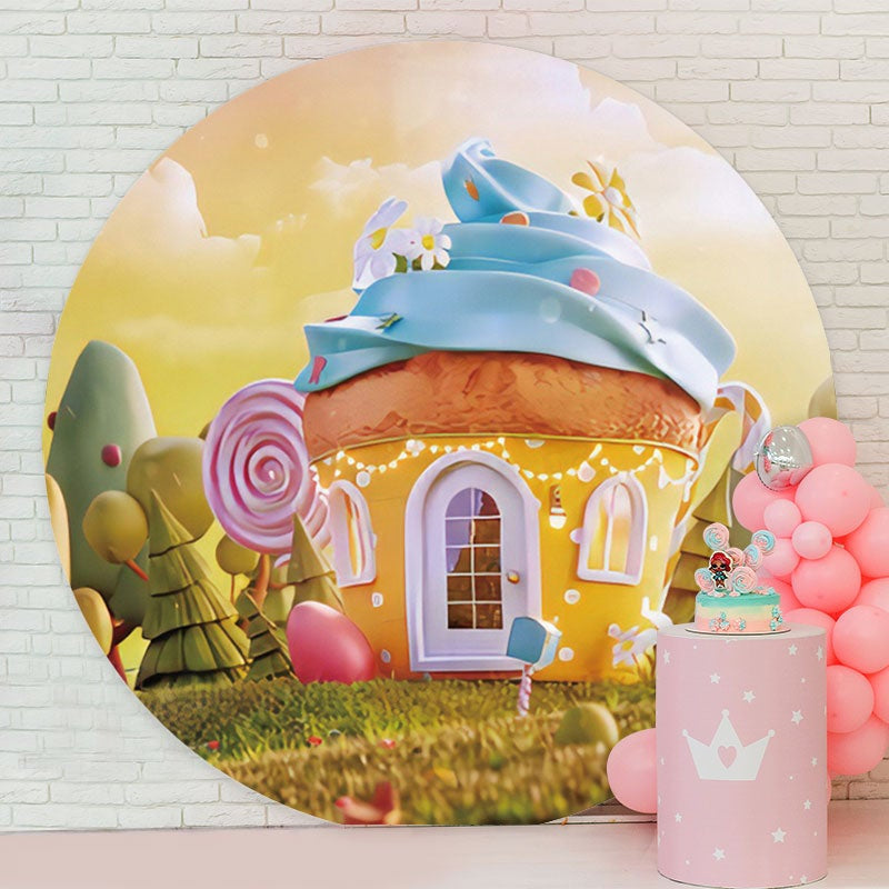 Aperturee - Round Sweet Cake House Happy Birthday Backdrop