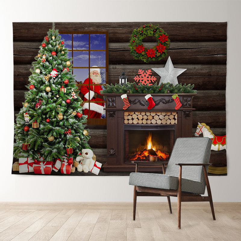 Aperturee - Santa Claus Fireplace Gift Wood Christmas Backdrop