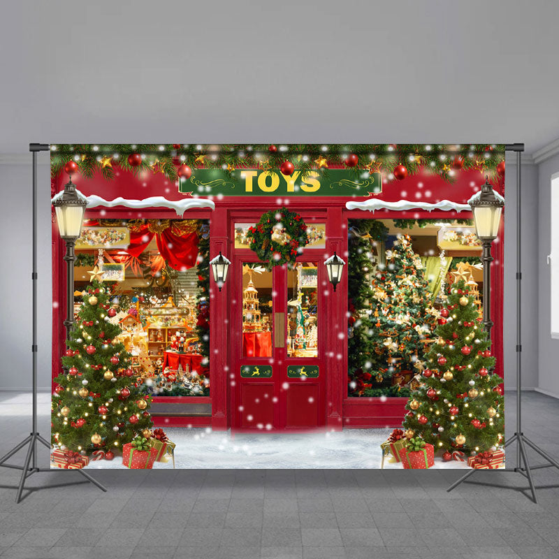 Aperturee - Snowing Light Toys Store Trees Christmas Backdrop