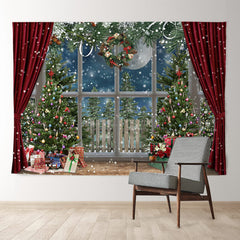 Aperturee - Snowy Christmas Wreath Trees Curtain Backdrop