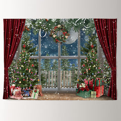 Aperturee - Snowy Christmas Wreath Trees Curtain Backdrop