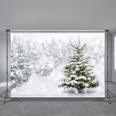 Aperturee - Snowy Foggy Pine Tree Forest White Winter Backdrop