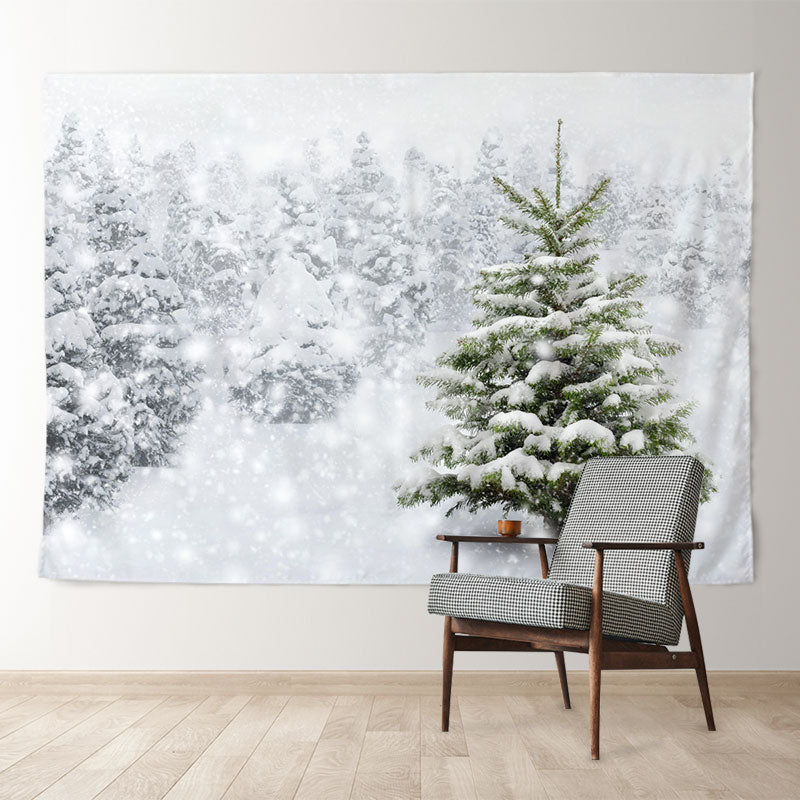 Aperturee - Snowy Foggy Pine Tree Forest White Winter Backdrop