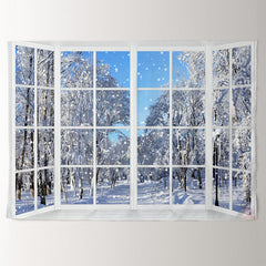 Aperturee - Snowy Lane Outside Window White Christmas Backdrop