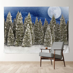 Aperturee - Snowy Pinetree Moon Night Blue Christmas Backdrop