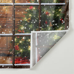 Aperturee - Snowy Window Fireplace Wood Christmas Backdrop