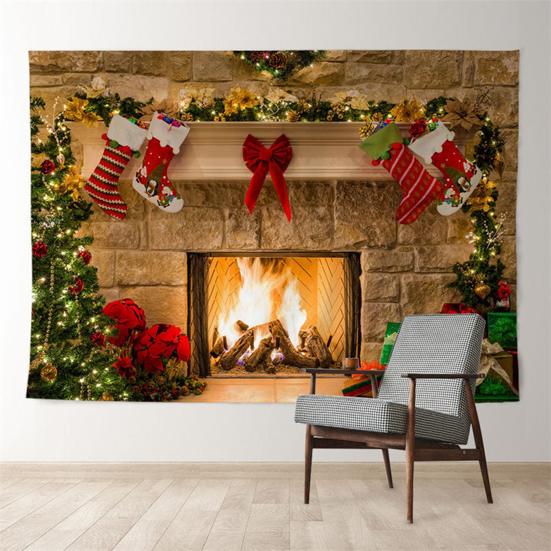 Aperturee - Stocking Fireplace Gift Brick Christmas Backdrop