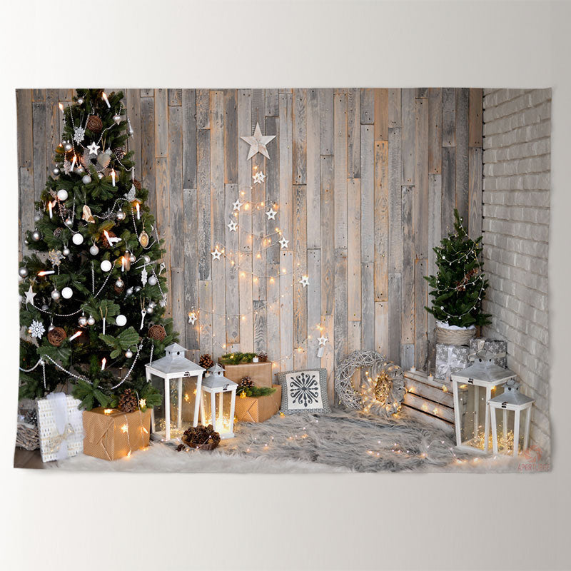 Aperturee - Tree Light Star Theme Wooden Christmas Backdrop