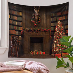 Aperturee - Vintage Bookshelf Deer Wreath Christmas Backdrop
