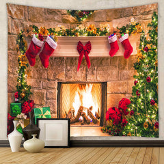 Aperturee - Vintage Xmas Tree Stockings Christmas Fireplace Backdrop